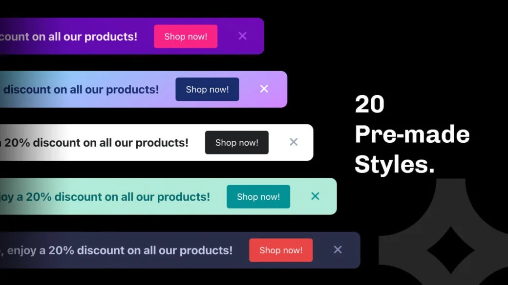 Twenty pre-made announcement bar styles stacked, each carrying a Shop now button