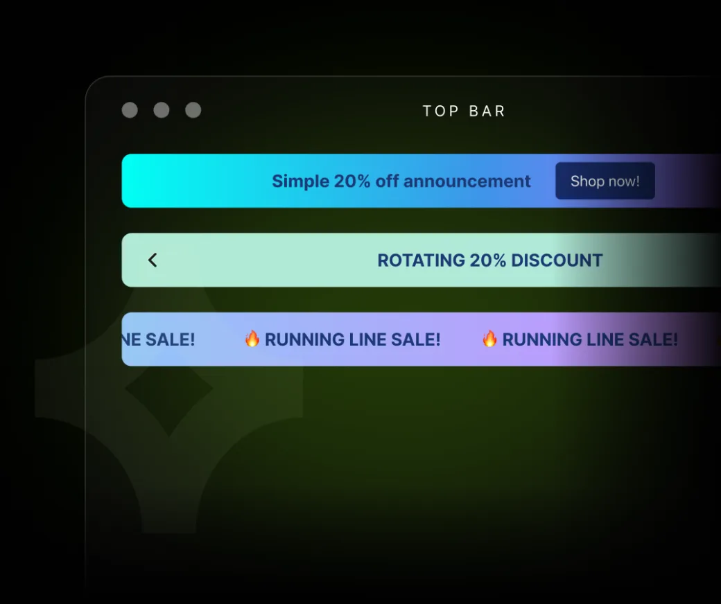 A storefront top bar showing a simple announcement, a rotating discount and a running line sale