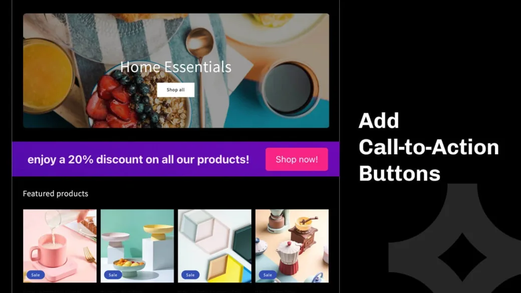 A storefront announcement bar with a Shop now call-to-action button above featured products