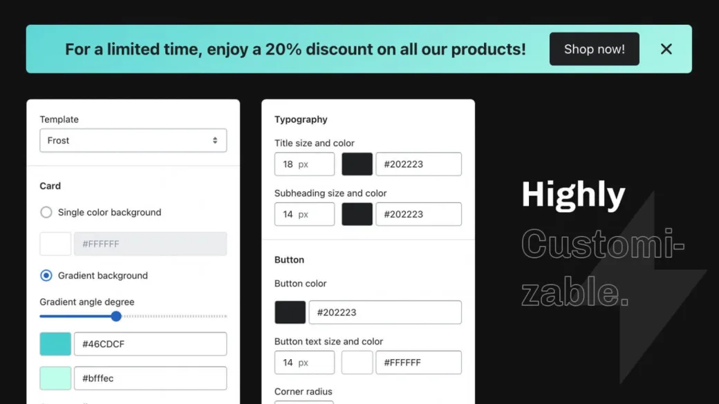 Announcement bar template, card, typography and button settings beside a live discount bar