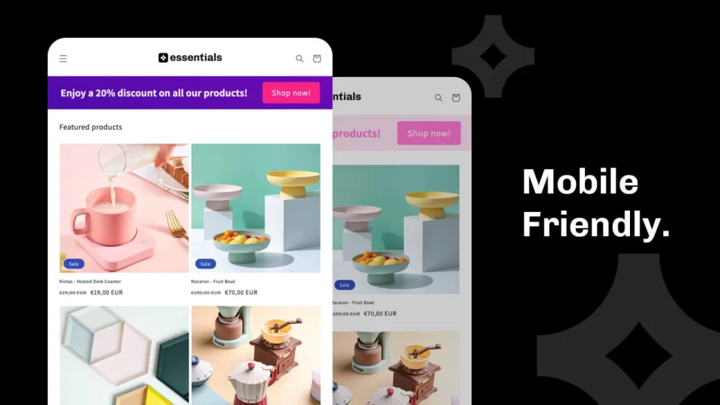 An announcement bar on two phone screens above a featured products grid