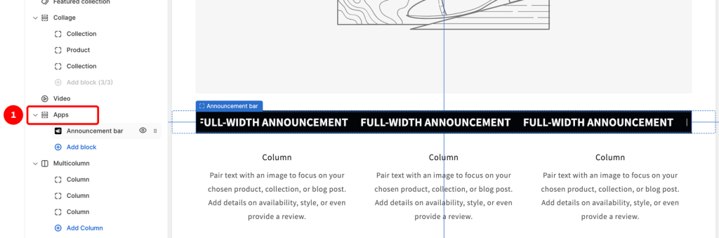 The Shopify theme editor with the Apps section expanded and the Announcement bar block selected in the sidebar.