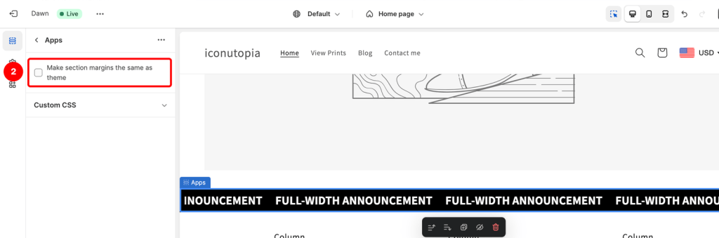 Announcement bar block settings in the Shopify theme editor, with the option to match section margins to the theme highlighted.