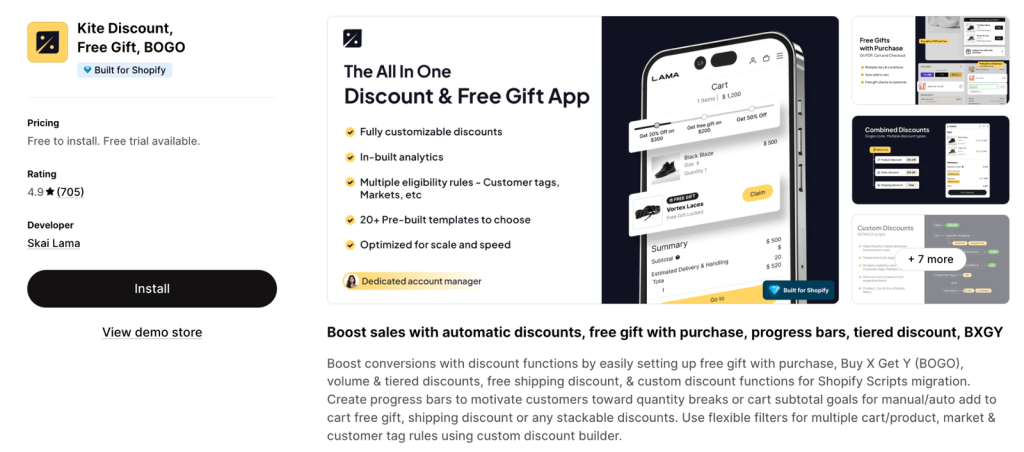 The Kite Discount, Free Gift, BOGO listing on the Shopify App Store, rated 4.9 from 705 reviews.