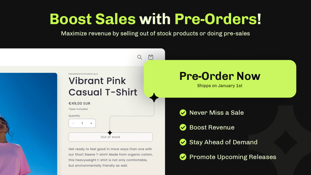 Boost sales and sell out of stock products with Essential Shopify preorder app.