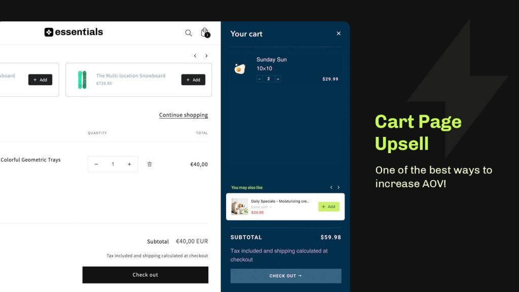 Essential Shopify cart page upsell.