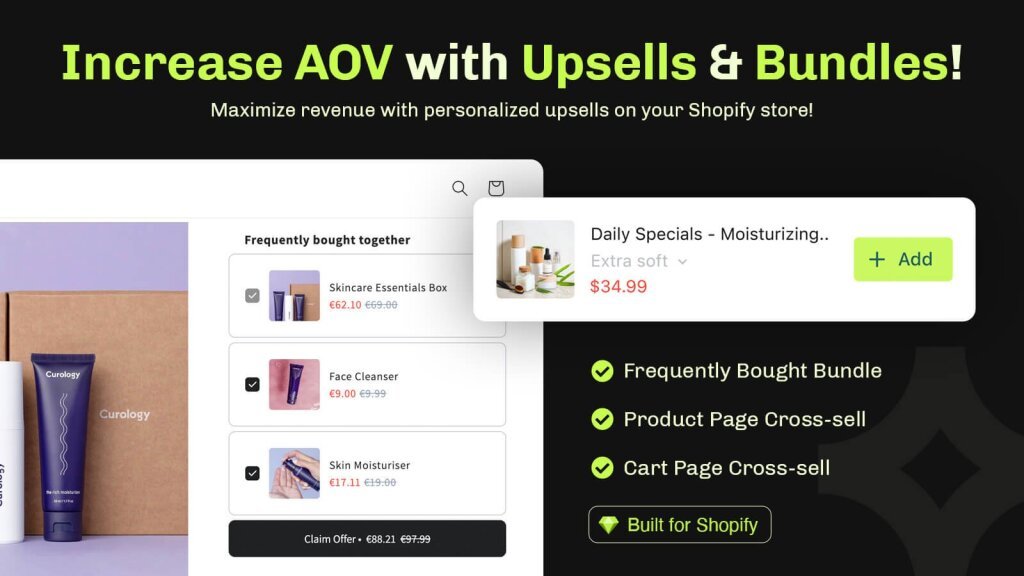 Incrase shopify store aov with upsells and frequently bought together shopify app.