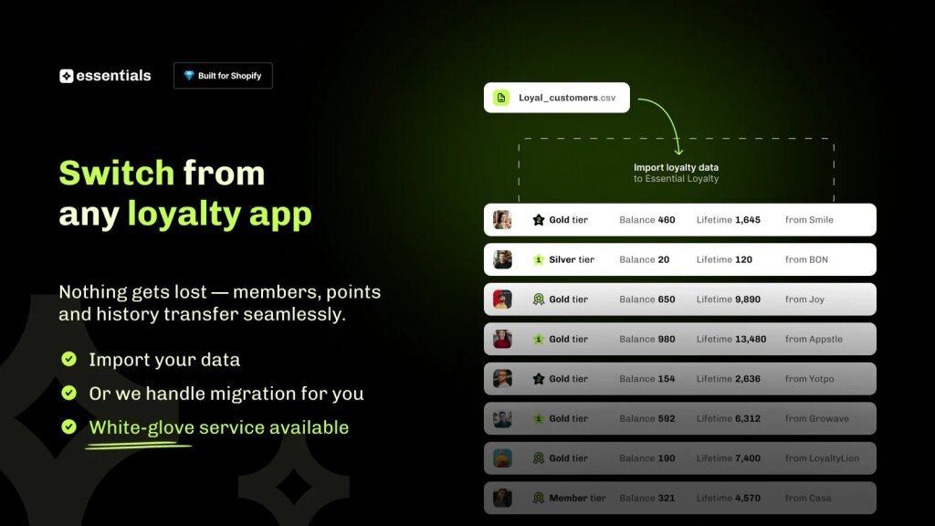Points balances and VIP tiers being migrated from one Shopify loyalty app to another.