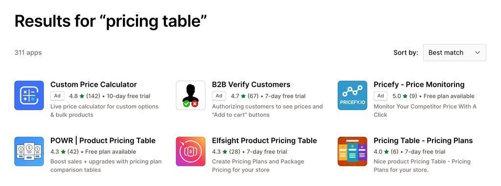 Pricing table shopify app store.