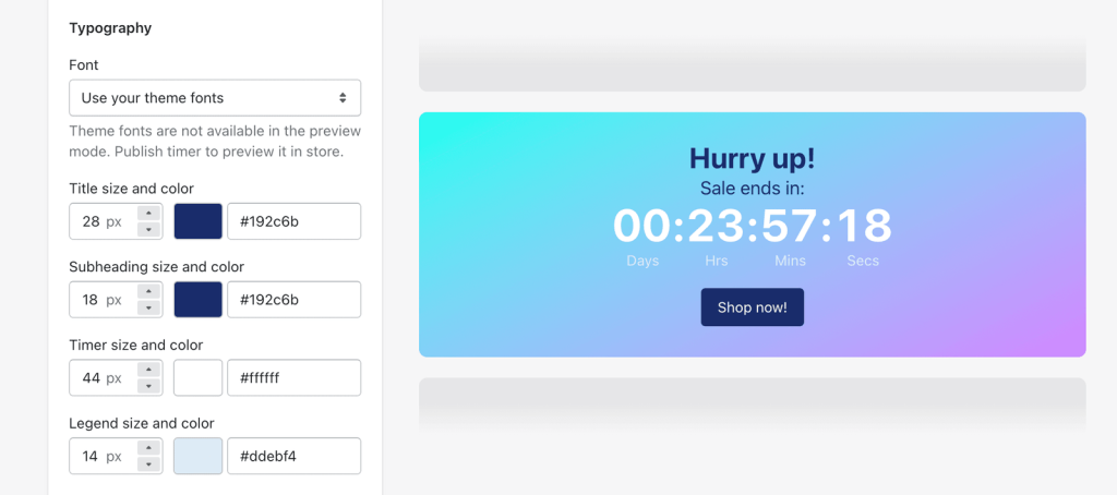 Typography settings in the Essential Countdown app, with the countdown timer previewed beside them.