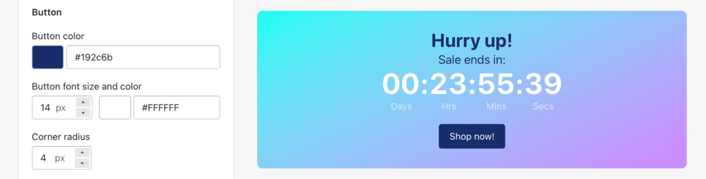 Button settings in the Essential Countdown app, with the timer’s Shop now button previewed beside them.