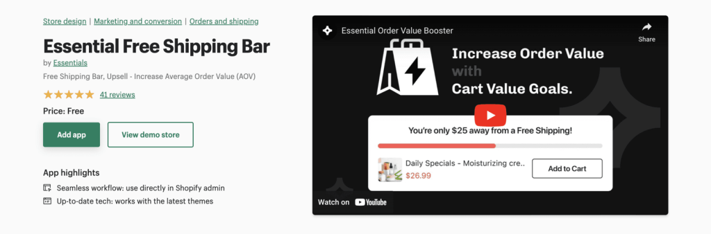 Shopify essential free shipping bar.