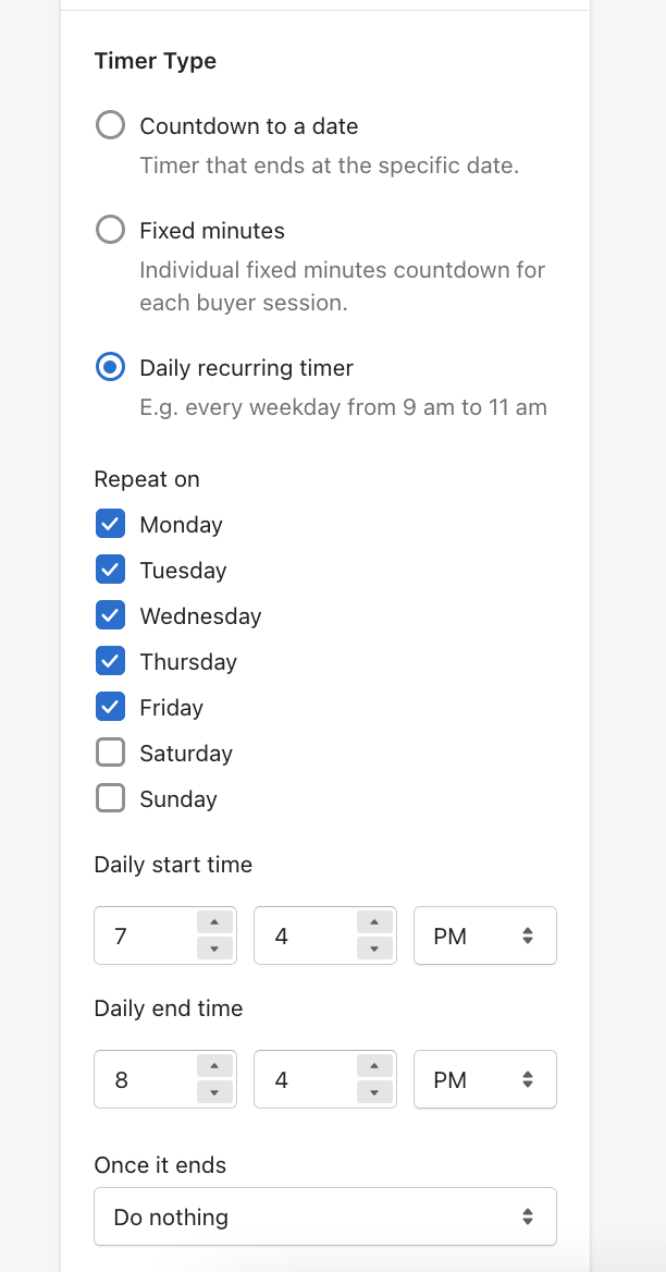 Shopify countdown timer settings.