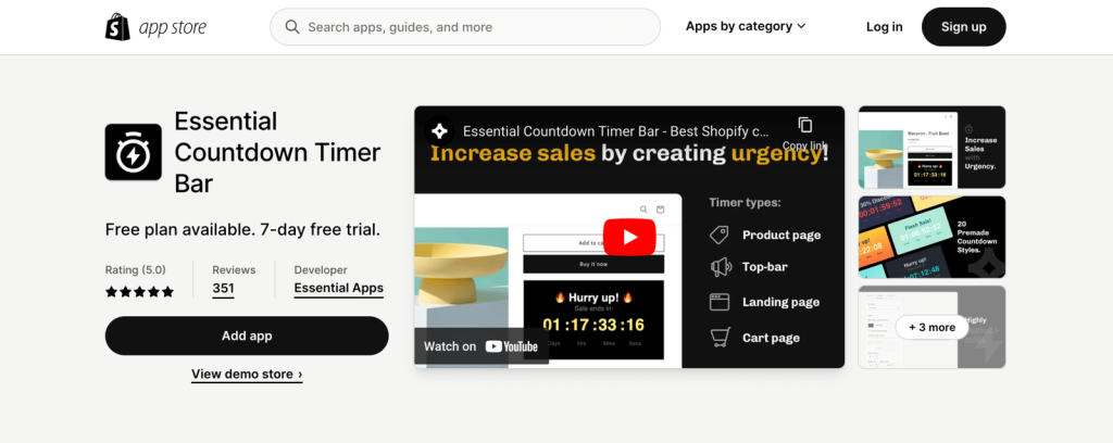Essential countdown timer bar on shopify app store.