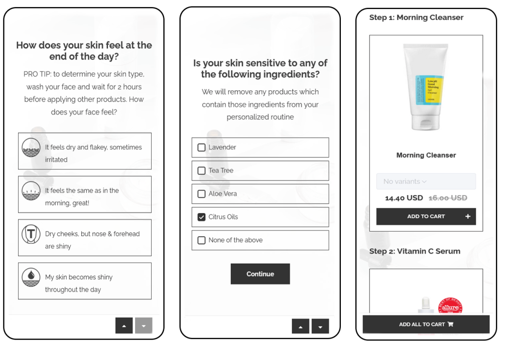 Skincare Quiz mobile interface in the Shop Quiz app.