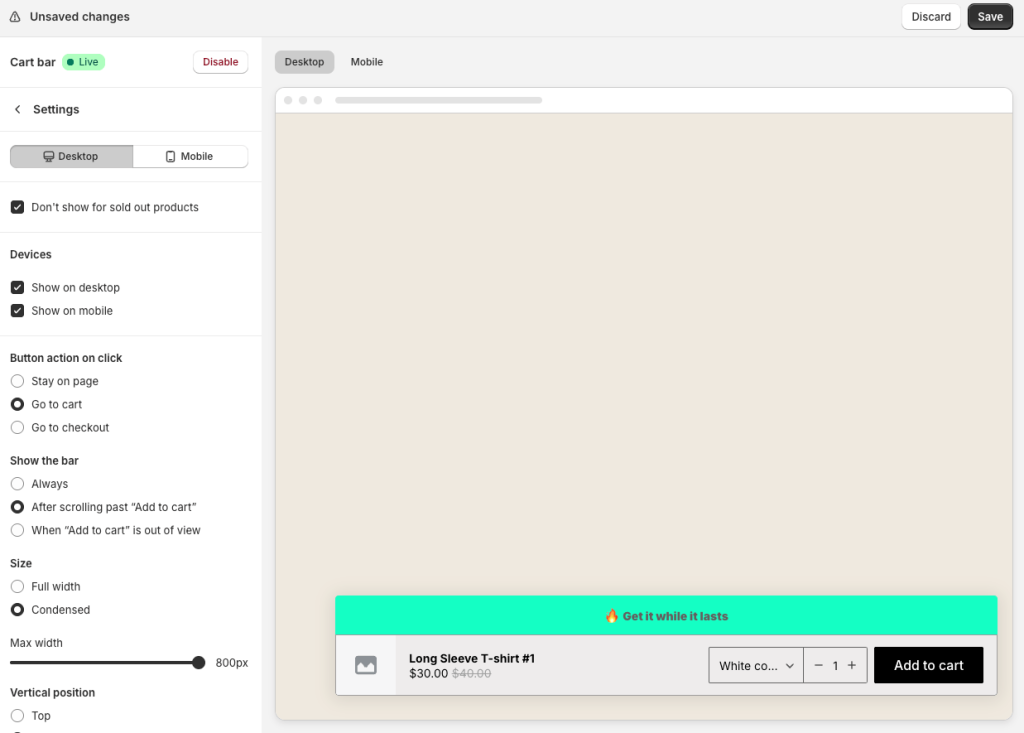 Sticky add to cart for shopify settings.