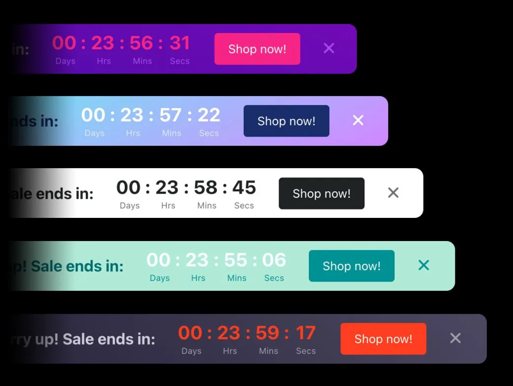 Five countdown announcement bars in different colour styles, each counting down to a sale with a Shop now button