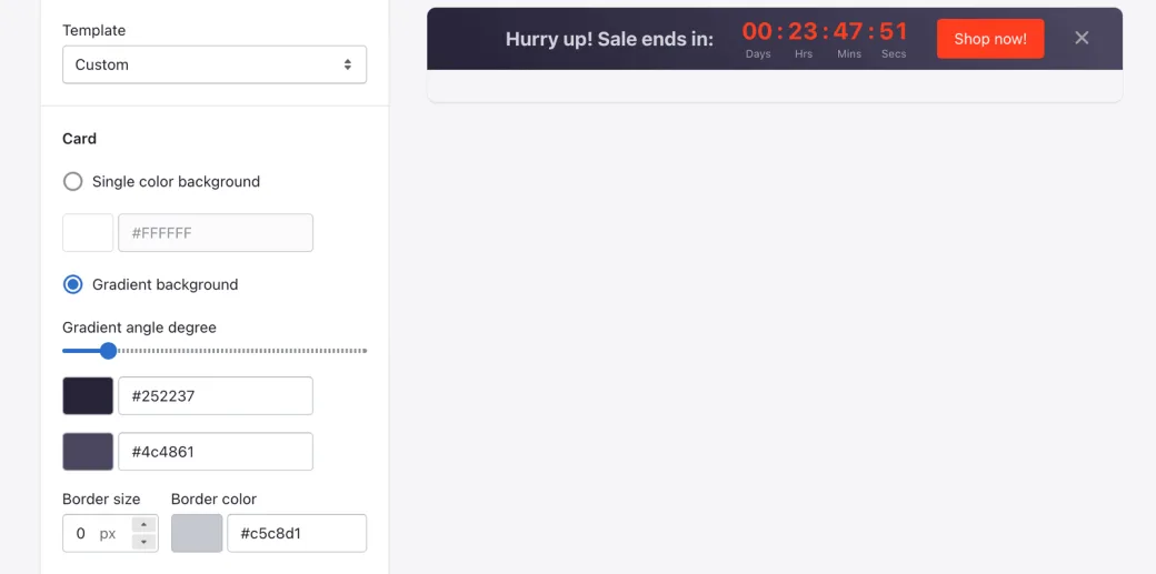 Countdown bar settings for template, card background, gradient and border, beside a live Hurry up bar