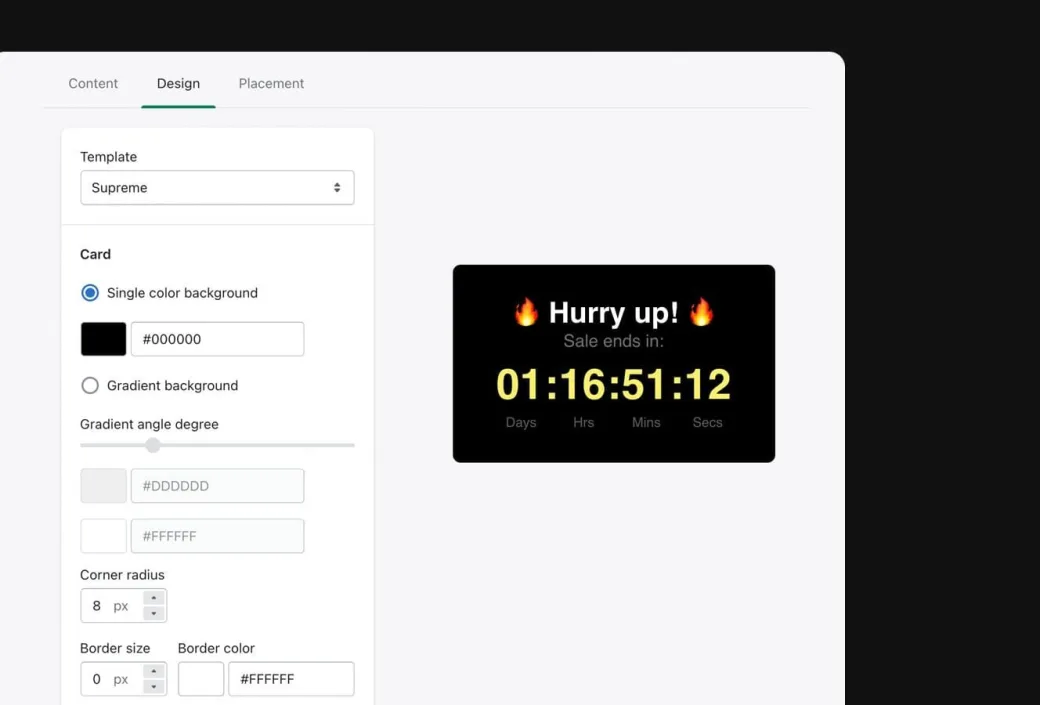 Countdown timer settings for template, background, gradient, corner radius and border, beside a black Hurry up timer