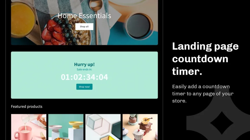 A landing page countdown timer between a hero banner and featured products on a storefront