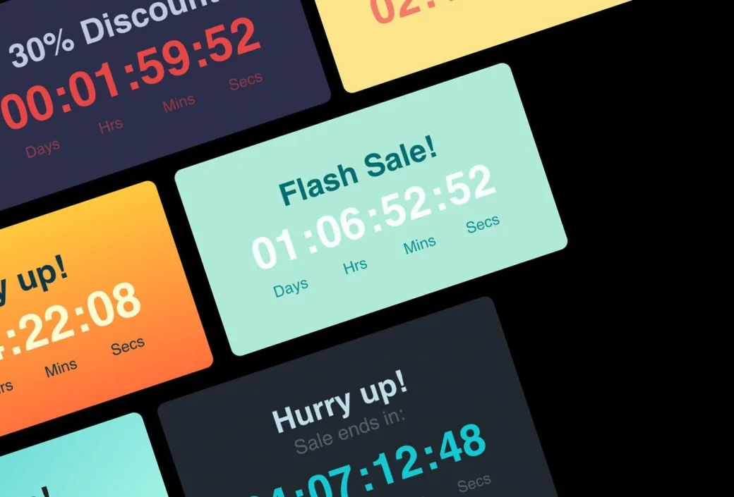 Pre-made countdown timer templates in assorted colours, showing flash sale and discount countdowns