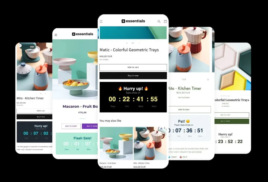 Fanned screenshots of countdown timers on product pages and flash sale banners across a storefront