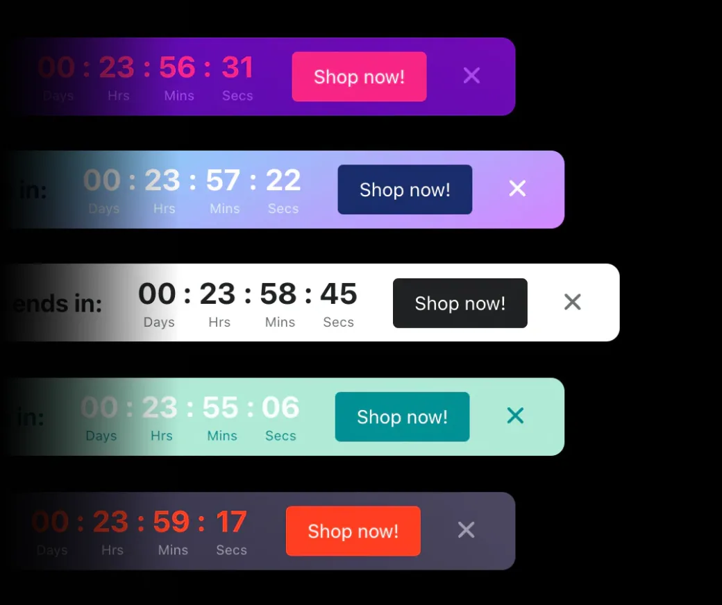 Five countdown announcement bars in different colours, each with a Shop now button
