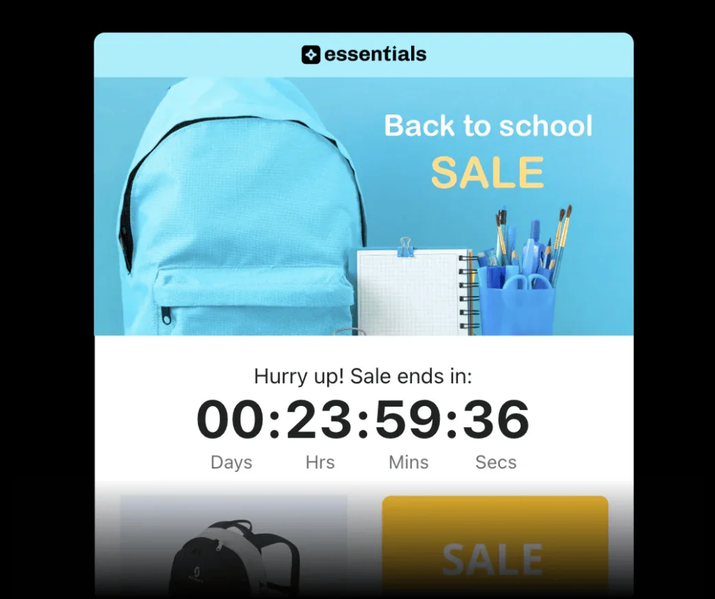 A back to school sale email with a countdown timer above the products