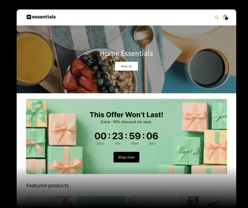 A landing page offer banner with a countdown and an extra 10% discount, above featured products