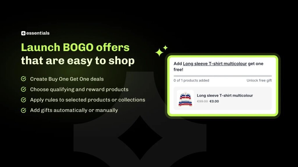 Buy one get one setup with qualifying and reward products and rule targeting, beside a free gift reward widget.