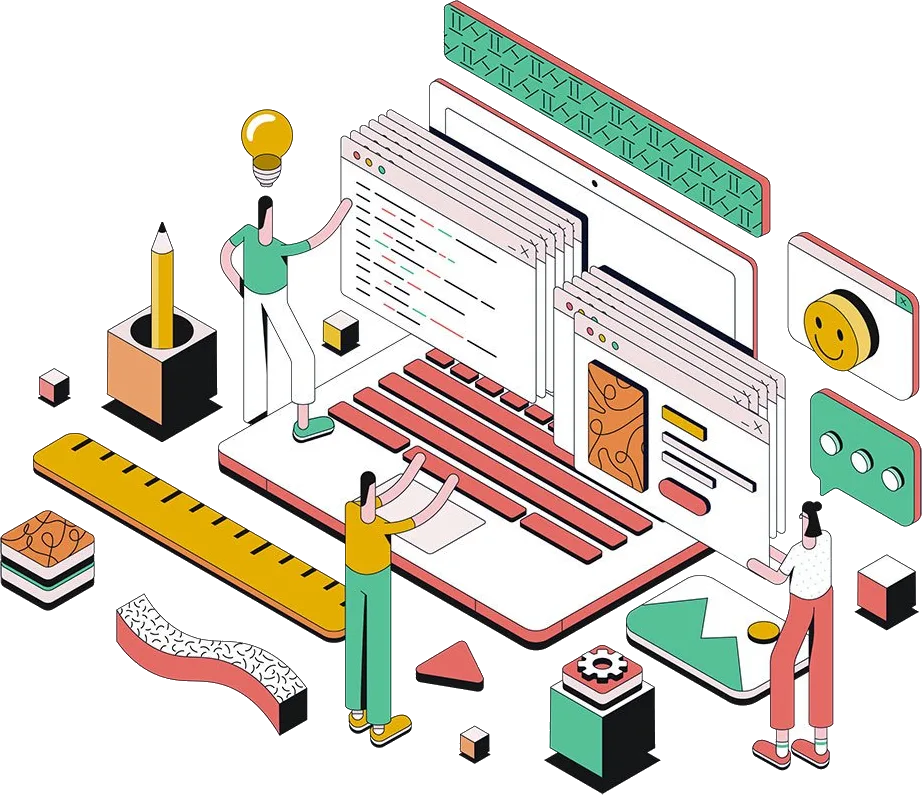 Illustration of a team assembling Shopify apps around a laptop