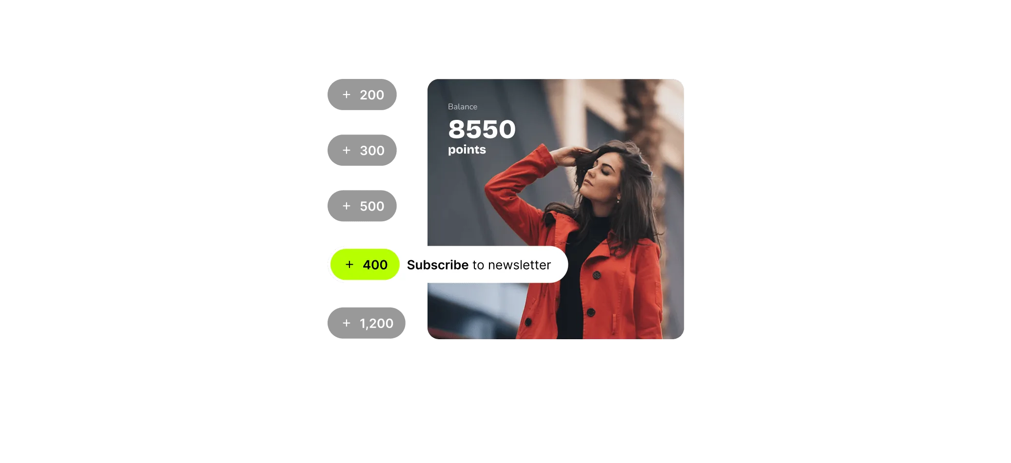 Point values for different customer actions beside a shopper with a balance of 8,550 points and a subscribe reward