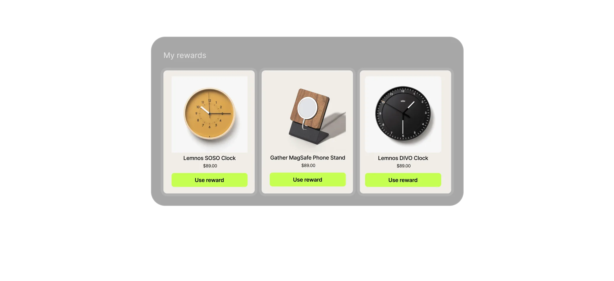 A My rewards panel offering three clocks and a phone stand, each with a Use reward button