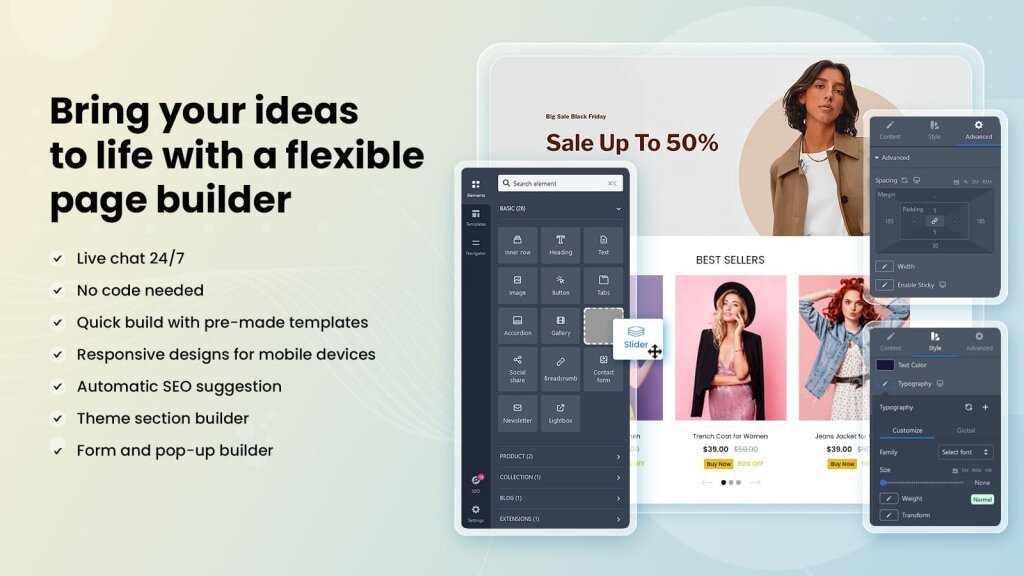 The Beae page builder editor beside a finished storefront page, with a feature list including no code needed and pre-made templates.