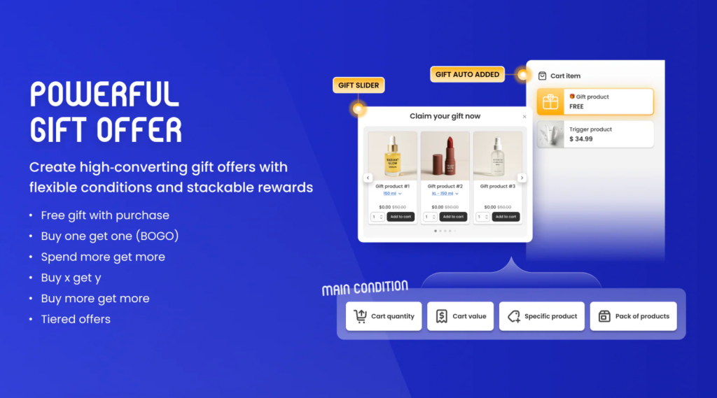 BOGOS gift offer banner listing free gift with purchase, buy one get one and tiered offers, beside a claim your gift widget.