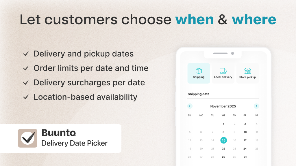 Buunto Delivery Date Picker on a phone, offering delivery and pickup dates, order limits per date and location-based availability.