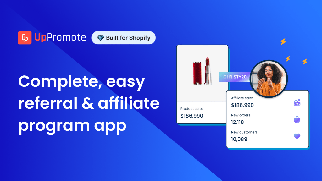 UpPromote referral and affiliate program app, badged Built for Shopify, beside affiliate sales and new customer figures.