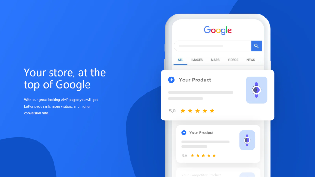 The AMP App promise of your store at the top of Google, with a phone showing a product in Google search results.