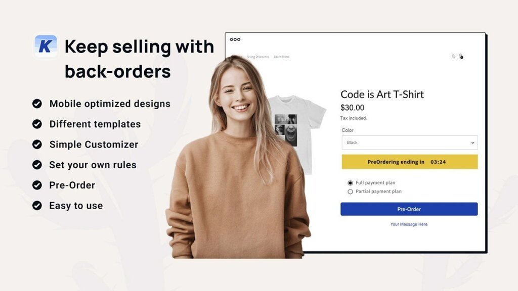 The Kaktus preorder app on a t-shirt product page, with a PreOrder button, a countdown and partial payment plans.