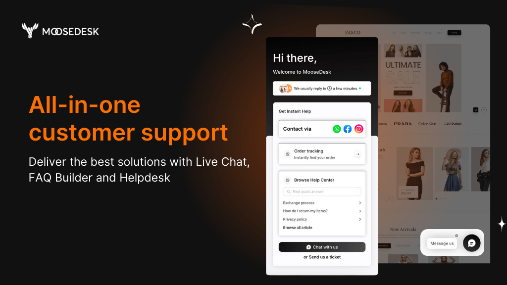 MooseDesk all-in-one customer support with live chat, FAQ builder and helpdesk, shown as a chat widget on a storefront.