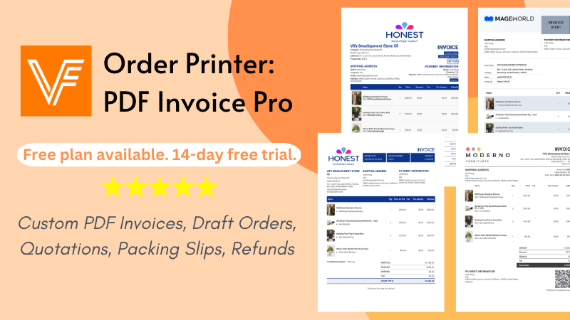 Order Printer PDF Invoice Pro producing custom PDF invoices, draft orders, quotations and packing slips.