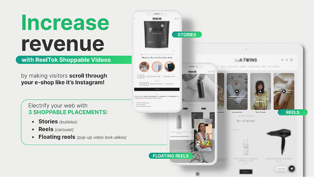 ReelTok shoppable videos shown as stories, reels and floating reels placements on a storefront.