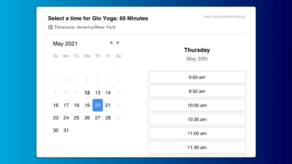 Easy Appointment Booking showing a May calendar with available 30 minute slots for a yoga class.