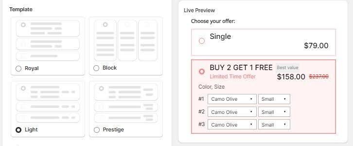 Rapi Bundle’s template picker — Royal, Block, Light and Prestige — beside a live preview of a buy 2 get 1 free offer.