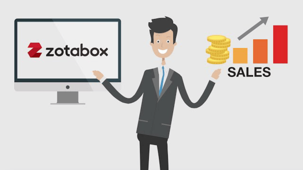 An illustration of a man beside a Zotabox monitor, stacked coins and a rising sales bar chart.