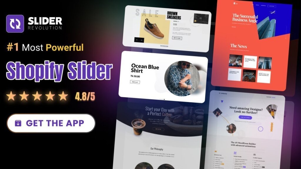 Slider Revolution for Shopify, rated 4.8 out of 5, shown across several storefront slider designs.
