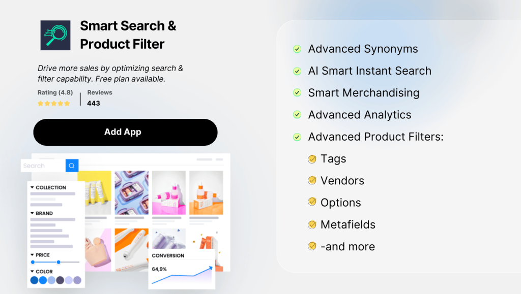Smart Search and Product Filter with synonyms, AI instant search and filters by tag, vendor and metafield.