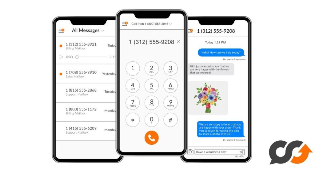 Talkroute on three phones showing a shared message inbox, a dial pad and a customer text conversation.