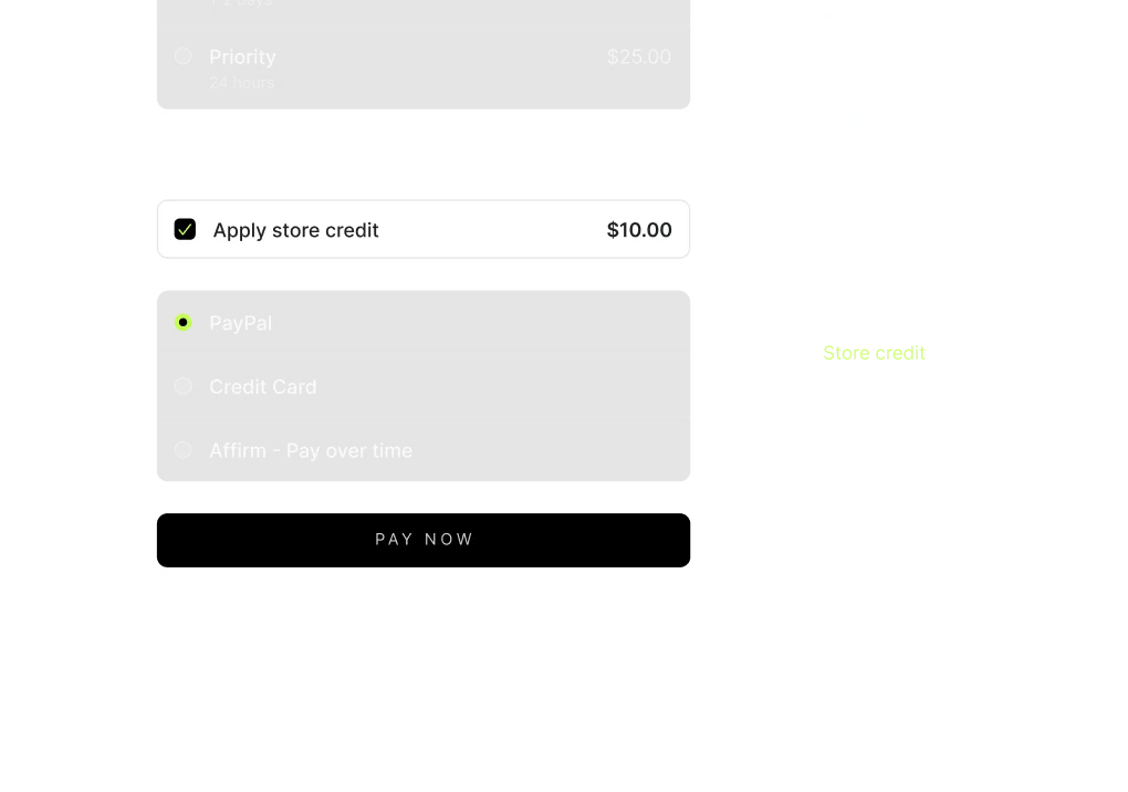 Shopify checkout with store credit applied: $10.00 ticked on the payment row and the credit shown in the order summary.