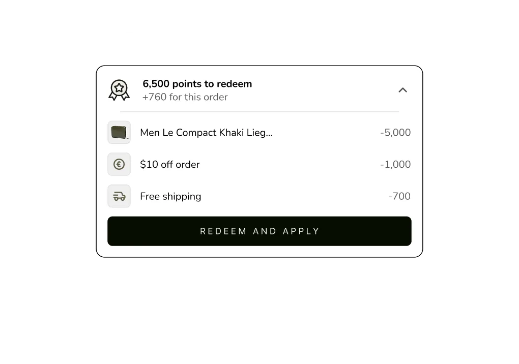 A cart with 6,500 points to redeem, offering a product, $10 off and free shipping, with a Redeem and apply button